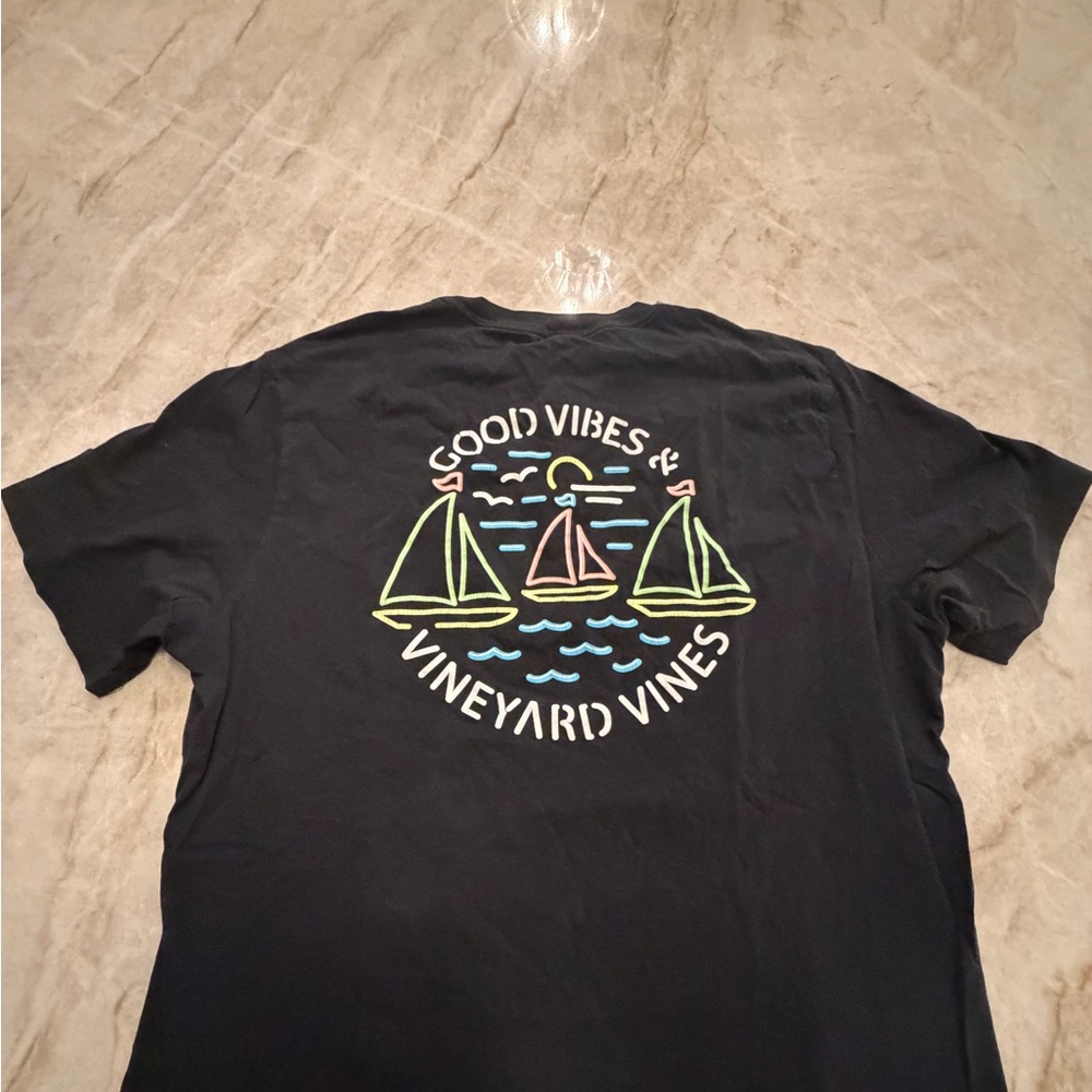 Vineyard Vines Black Tee with Colorful Sailboat Design